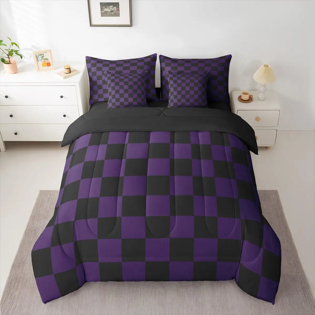 Checkered Comforter Set with Sheets Purple Black Plaid 7 Pieces Bedding Set Cute Retro Neutral Checkerboard Geometric Bed in a Bag Vintage Aesthetic Room Decor Soft