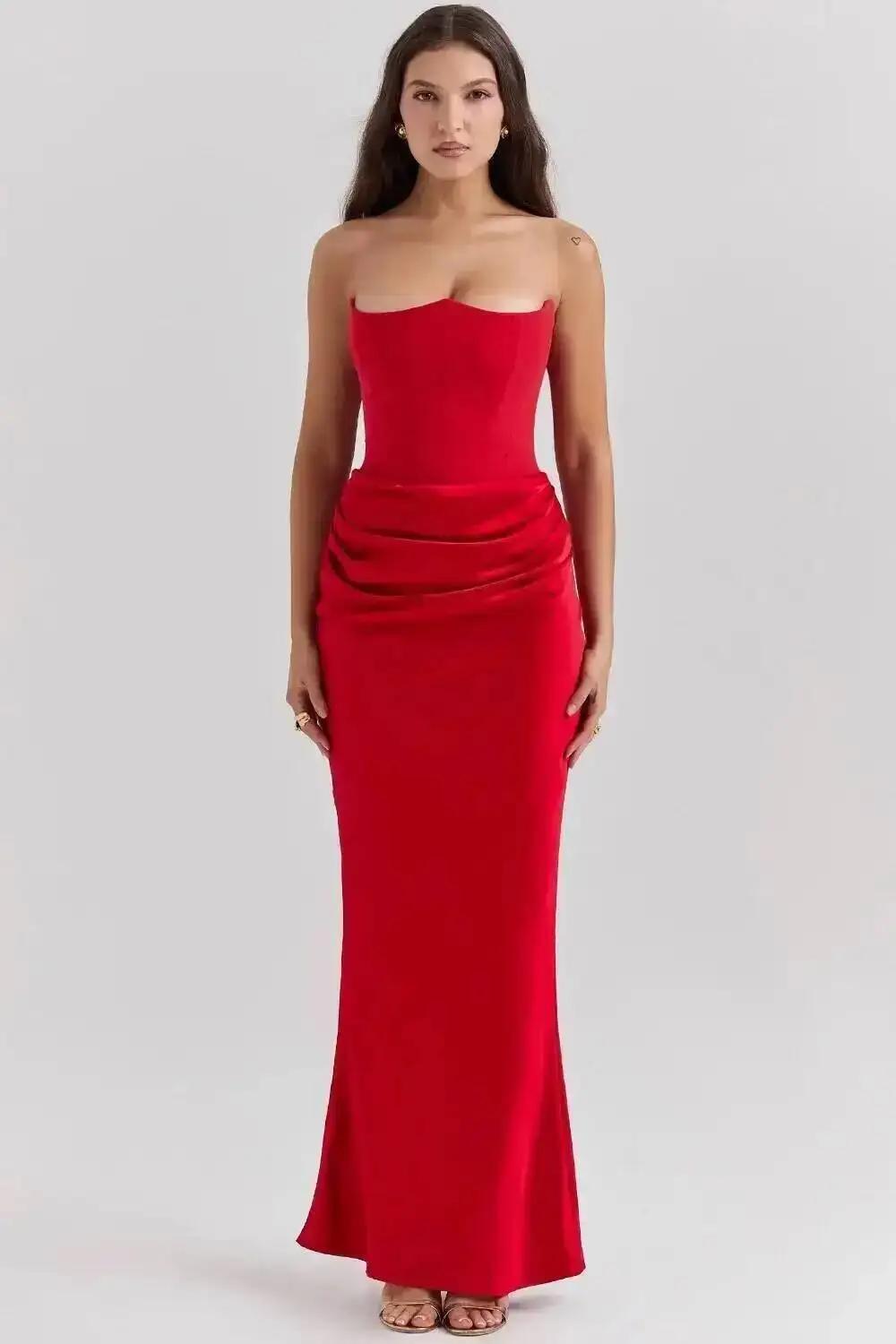 2026 New Red Strapless Corset Sexy Slim Mermaid Tail Long Solid Color Dress Women Elegant Evening