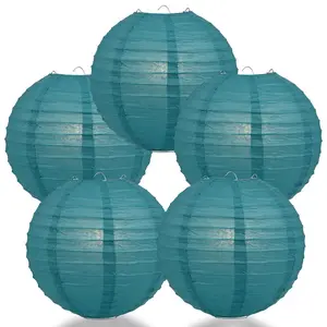 5-Pack 12 Inch Tahiti Teal Parallel Ribbing Round Paper Lanterns