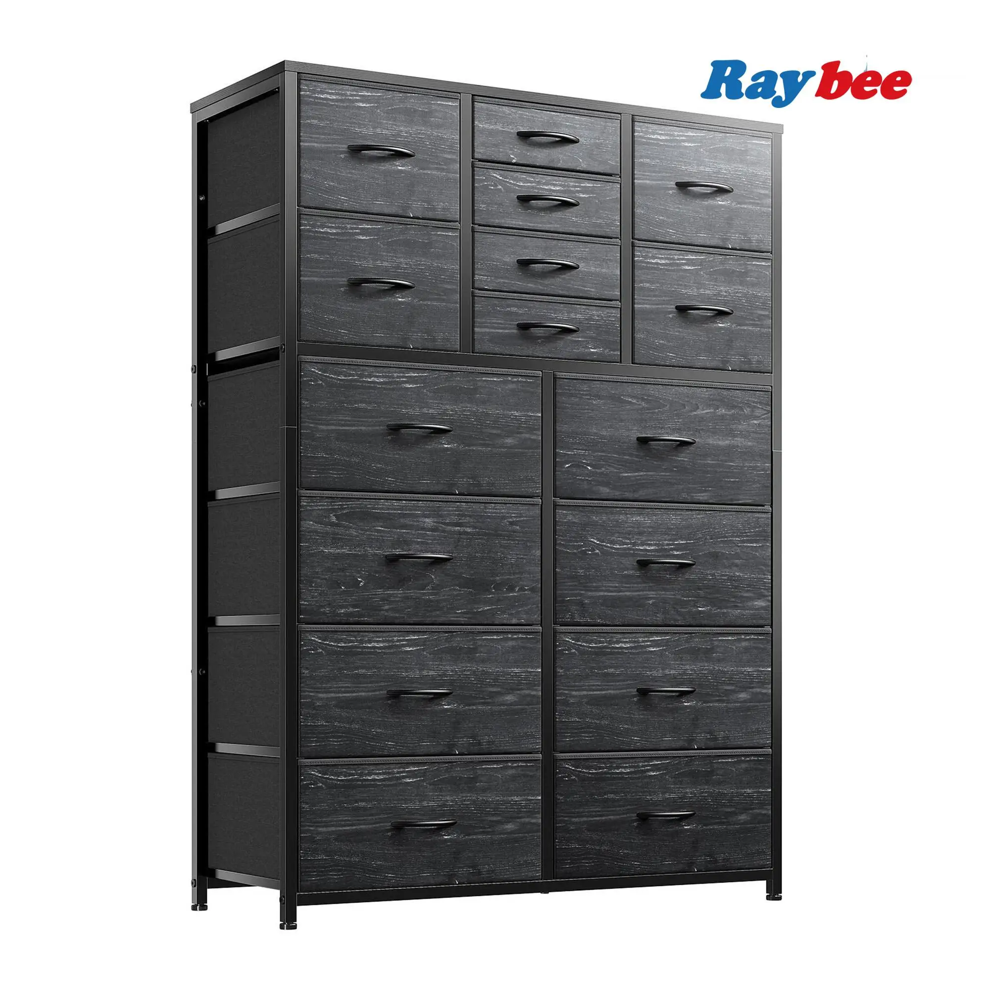 RaybeeFurniture Tall Dresser with 12/15/16 Fabric Drawers, Large Capacity Storage Organizer with Wood Top & Metal Frame, Modern Chest of Drawers for B