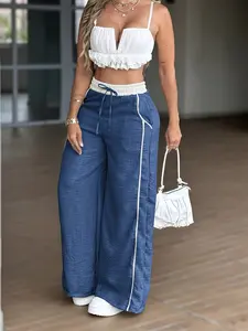Women's High Waist Wide Leg Pants, Spring Summer New Elastic Waist Drawstring Long Pants, Side Stripe Y2K Slim Fit Casual Commuter Pants