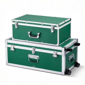 Green Metal Storage Trunk Set Of 2 With Wooden Suitcase-Style Boxes, Padlocks, Large Lockable Trunk With Four Casters And Three Metal Handles, Decorative Lidded Chest For Travel, Home, Apartment, Dormitory