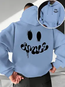 Men's Fall Winter Trendy Hoodie, Fun Smiley Face Print Front Back, Casual Fitted Pullover, Drawstring Pocket Design, Fashion Versatile Style