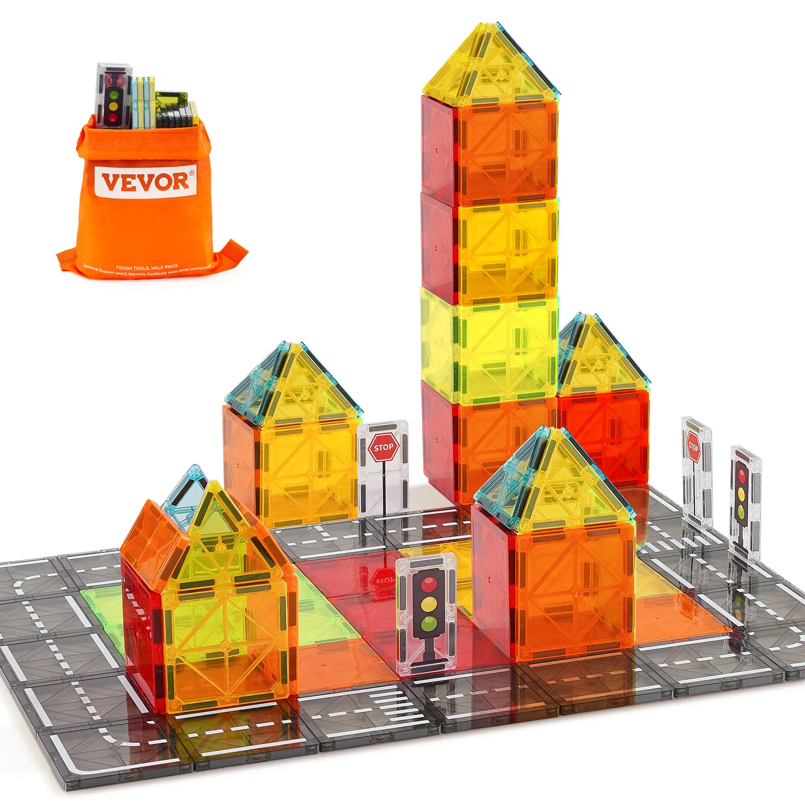 【SummerFinds】VEVOR 56 Pieces Magnetic Tiles Building Set (2 Rectangles, 24 Squares, 6 Equilateral Triangles) with Storage Bag, STEM Sensory Educational Road Construction Toys for Toddlers Aged 3+, Travel-Friendly Gift, Geometric Puzzle Piece Buildings