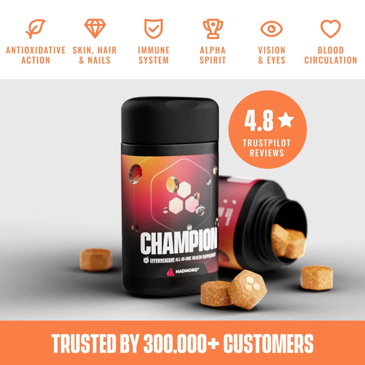 MADMONQ Champion Effervescent Tablets – Sugar-Free Multivitamin Drink Supplement for Immunity & Vitality