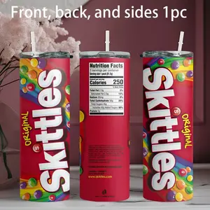 1pc 20oz stainless steel water bottle, Insulated Tumbler, printed with Skittles rainbow candy packaging design, suitable for fitness, travel, driving, daily use at home, and gifts for family and friends