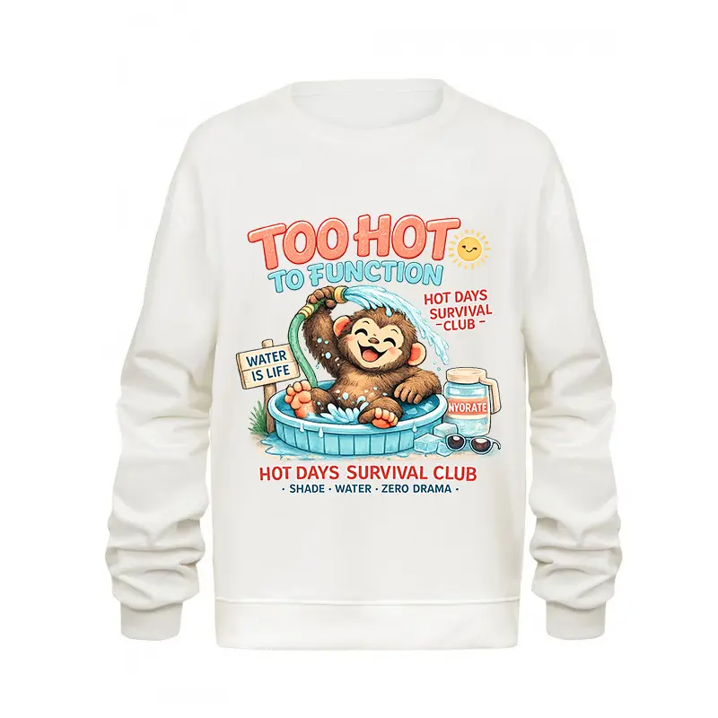 Too Hot to Function Monkey Graphic Sweatshirt – Funny Summer Survival Club Crewneck, Cute Hydration Humor Long Sleeve Pullover