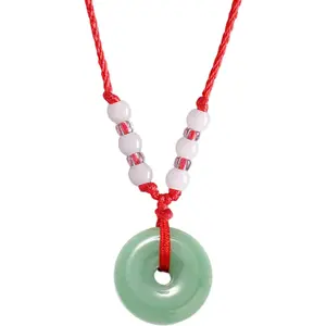 Green Jade Buddha Circle Red String Pendant Necklace - Chinese Traditional Amulet for Luck and Protection