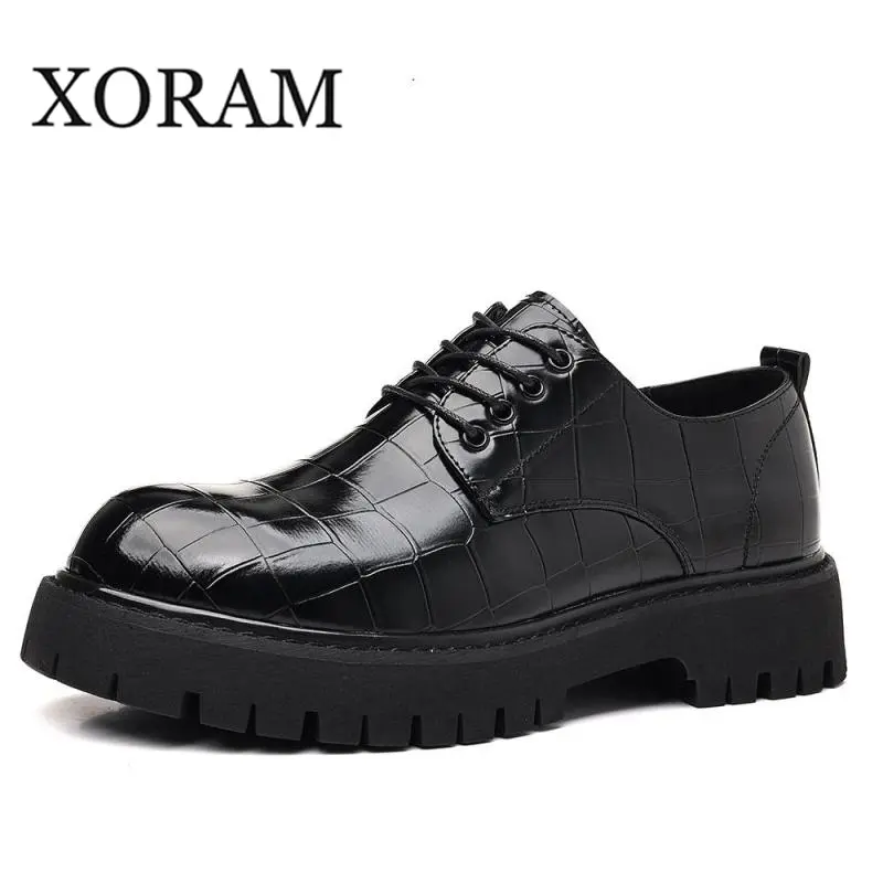 XORAM Men's Croc Print Platform Derby Shoes for Mature Black Men, Hidden Height Thick Lug Sole Business Casual Leather Shoes, Wide Toe All Day Comfort Sunday Church & Office Footwear Up To US Size 13.5 G2