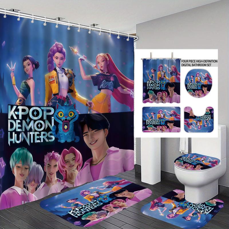 K-POP Demon Hunters Bathroom Set, Shower Curtain with Hooks, Non-Slip Bath Rug, U-Shaped Toilet Mat, Toilet Lid Cover, Bathroom Decoration Accessories