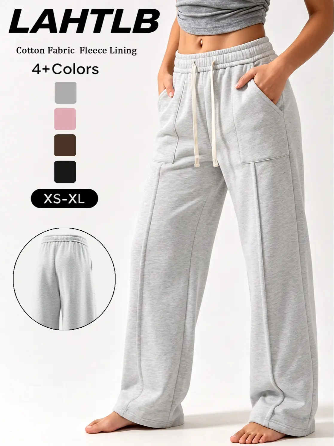 Clean Gent women’s solid-color loose wide-leg pants—high-waisted athletic casual joggers with a fleece lining, pockets, and an elastic drawstring waistband; long pants suitable for everyday wear and active leisure.