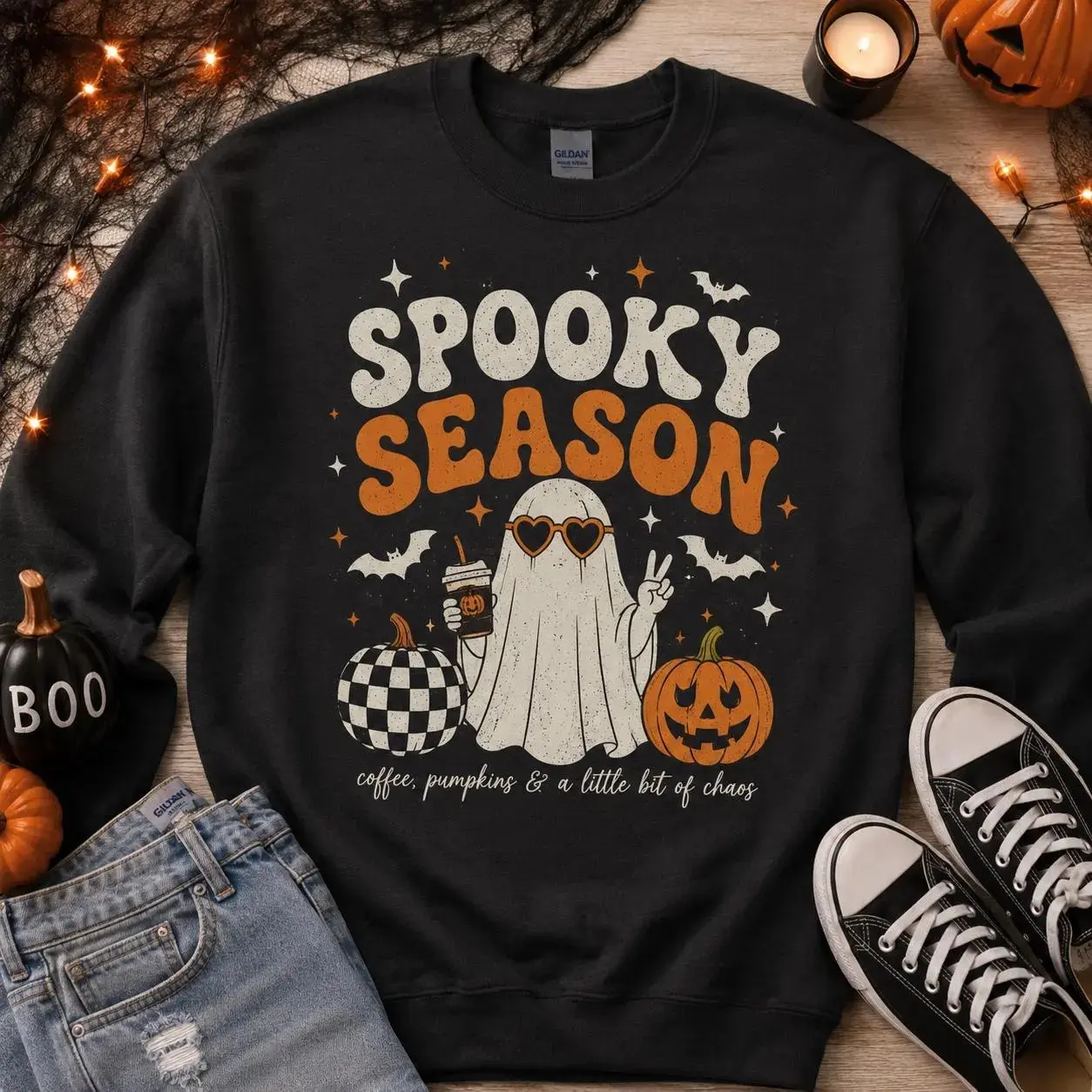 Spooky Season Ghost Coffee Sweatshirt, Halloween Pumpkin Crewneck Pullover, Fall Autumn Aesthetic Apparel, Cute Ghost Lover Gift, Coffee Addict Shirt, Spooky Vibes Outfit, October Holiday Party Wear, Trendy Cozy Comfy Jumper for Women & Men