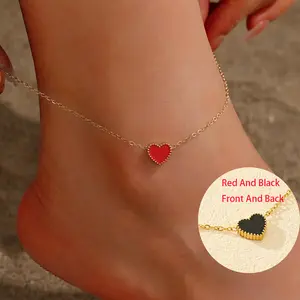 Women's Stainless Steel Double-Sided Heart-Shaped Ankle Chain - Red and Black Oil Dripping, Simple Charming Design, Suitable for Daily Use and Vacation