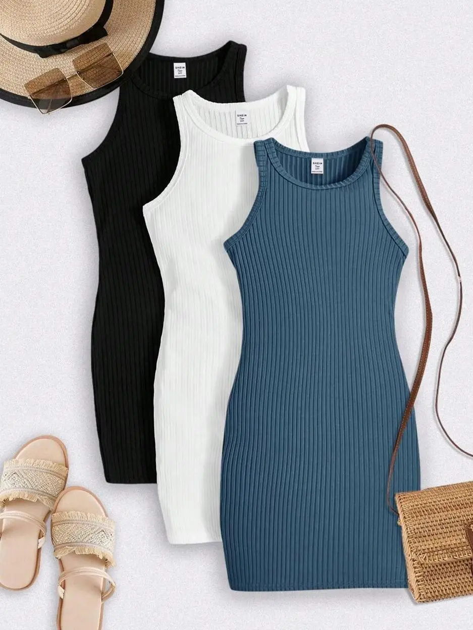 Teen Girls 3Pcs Solid Knit Sleeveless Dress, Fitted Casual Summer Layering Outfit