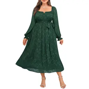 Women's Plus Size Fall Dress - Wedding Guest Long Sleeve Midi Semi Formal Square Neck Flowy Dresses  SwimWeek  summervibes