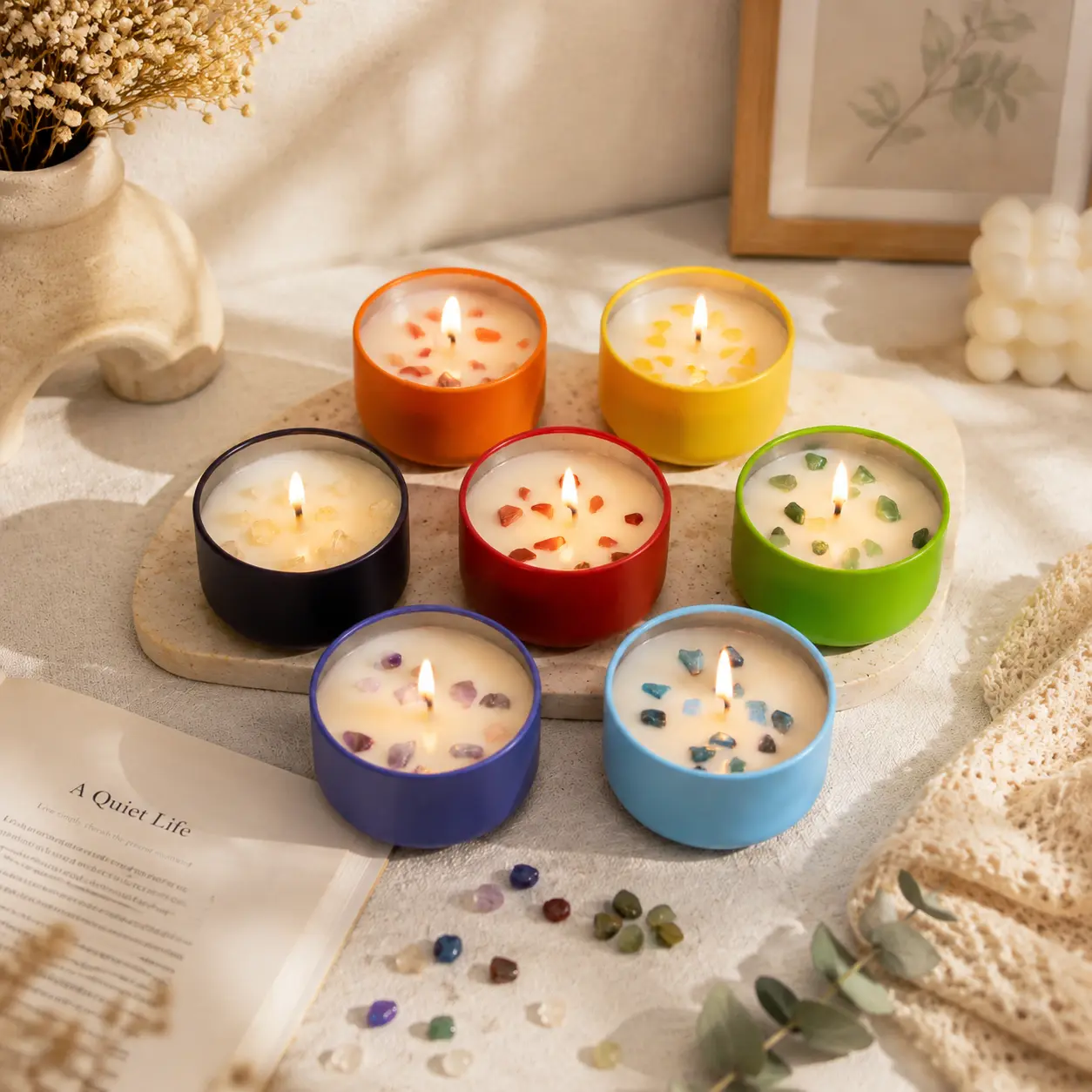7 Color Scented Candle Gift Set With Crystal Bracelet & Pendant, Home Fragrance Candles, Travel Tin Candles For Yoga Room Bedroom Decor, Gift For Graduation, Birthday, Wedding, Sister