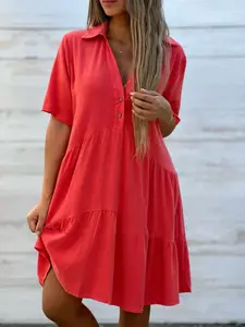 2026 New Casual Loose Fit Pure Color Solid Collared Short Sleeve Summer Dress for Women, Daily Wear Comfortable Fashionable Midi Dress