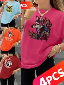 Women's 4-Pack Crew Neck T-Shirts, Chihuahua, Husky & Floral Wolf Print, Multiple Colors Available, Machine Washable, Spring & Summer Top, Soft Skin-Friendly Fabric, Daily Versatile, Casual, Streetwear, Fashion Design