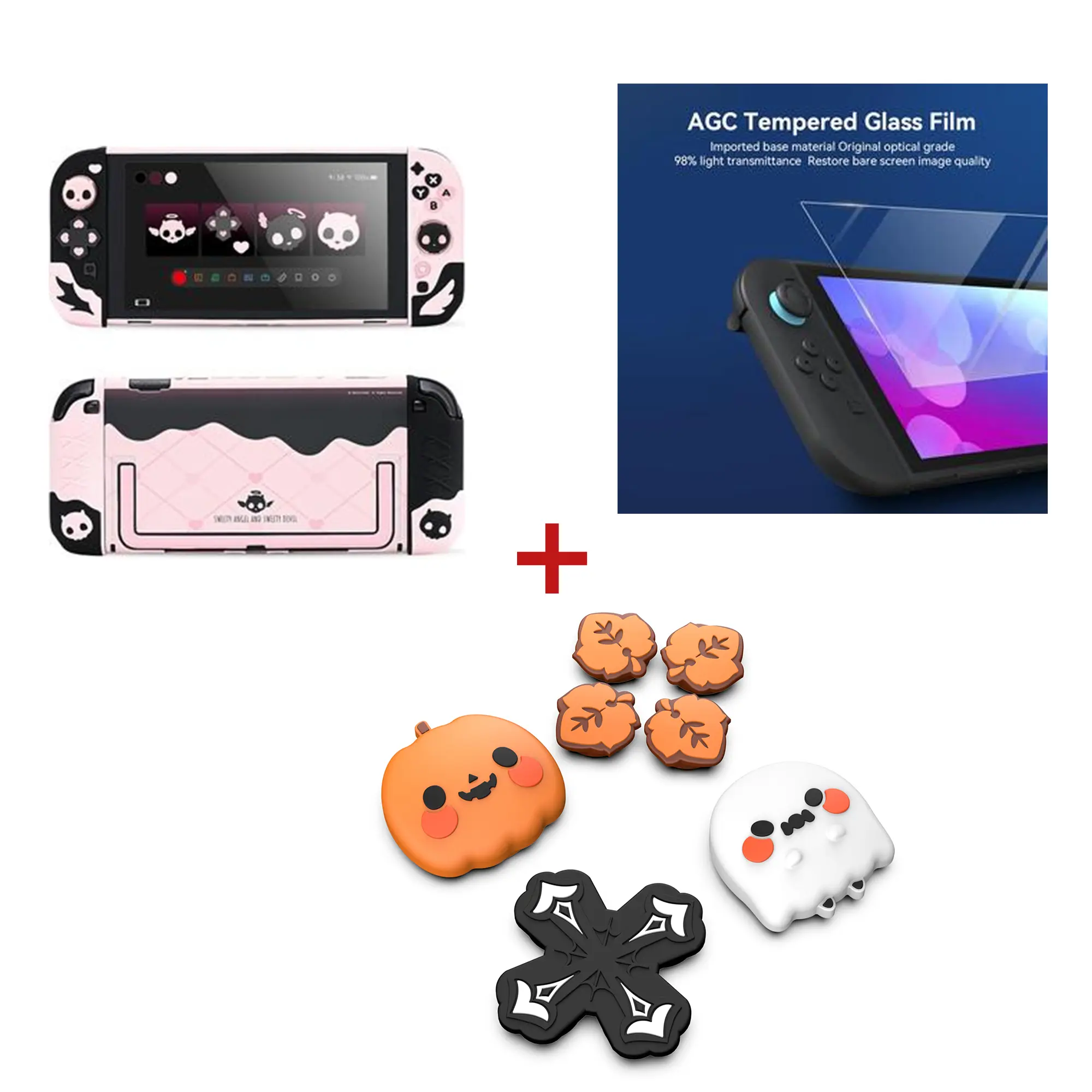 GeekShare Switch 2 Protective Case Bundle, PC Back Plate Case with Silicone Joystick Caps, Includes Tempered Glass Screen Protector, 4 Thumb Grip Caps & Protective Accessories