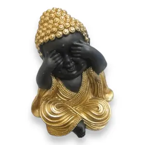 Black Buddha Figurine with Gold Clothing - 5-6 in Standing Design, 5 Poses, See/Speak/Hear No Evil, Resting on Right & Left Knees - Home Religious Decor