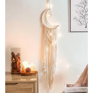 Moon Dream Catcher with Lights Macrame Boho Wall Decor for Bedroom Girls Boys Teen Room Decor Great Gifts for Mom Women