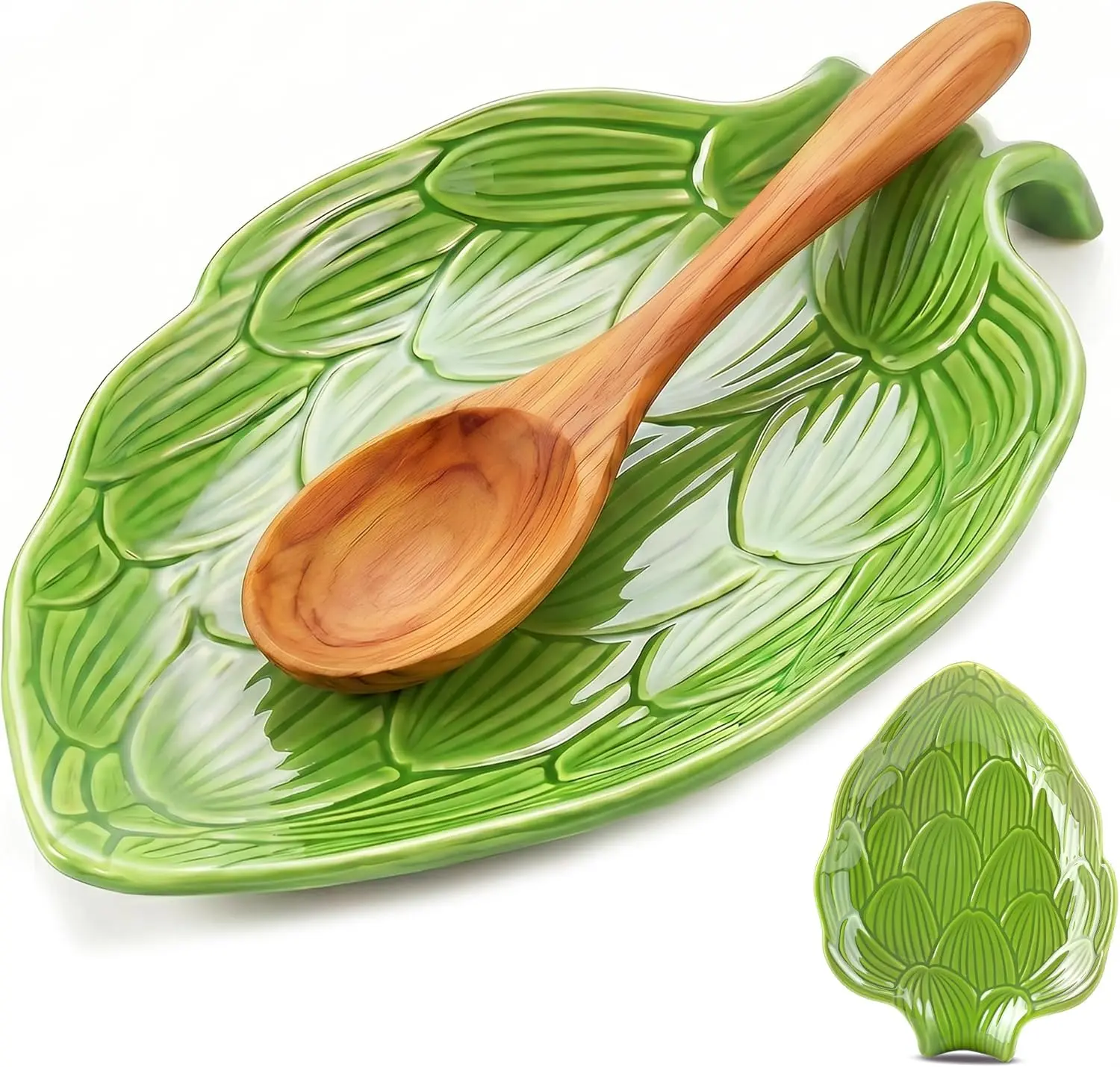 Green Leaf Ceramic Spoon Rest for Stove Top, Kitchen Counter Spoon Holder | Green botanical leaf spoon rest keeps counters clean; spoon holder for ladles, spatulas; dishwasher safe ceramic kitchen gift