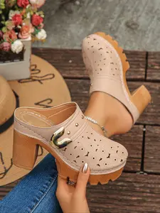 Milk Tea Color Soft Shoe Face, Floral Cutout Embellishment + Metal Decorative Buckle, Vintage Wood Grain Thick Sole Heel, Forest Style Gentle Atmosphere