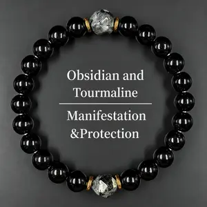 Obsidian & Black Tourmaline Bracelet for Men Women, Protection & Healing Crystal Beaded Bracelet, Black Grounding Stone Energy Bracelet, Spiritual Jewelry Gift for Birthday, Anniversary, Christmas, Valentine's Day