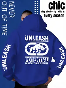 Men's Hooded Sweatshirt with Bull Pattern and Unleash Potential Slogan Graphics, Casual Fitted Style, Loose Fit, All-Season Wear