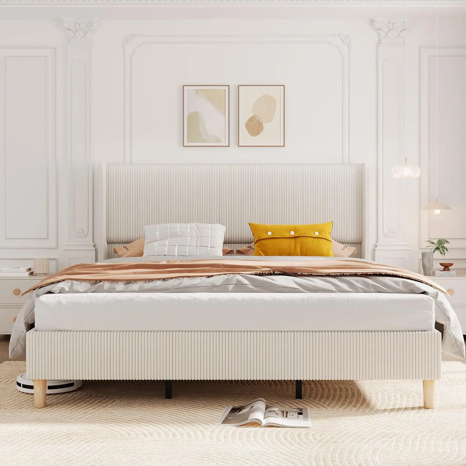 Queen Size Corduroy Upholstered Storage Bed Frame with Tufted Wingback Cushioned Decorative Headboard, No Box Spring Needed, Solid Wooden Slats, Noise-Free, 1000 lbs Capacity, Beige