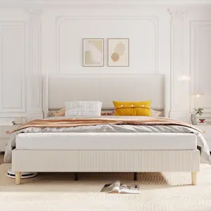 Queen Size Bed Frame, Corduroy Upholstered Queen Bed Frame with Wingback Headboard, No Box Spring Needed, Solid Wooden Slats, Noise Free, Beige