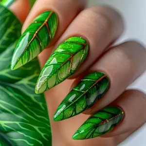 Leaf Pattern Fake Nails with Nail File & Tape, 24pcs/set Green Long Almond Press on Nails for Women & Girls DIY Nail Art, Elegant Stick on Nails Kit