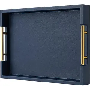 Navy Blue Faux Leather Serving Coffee Tray with Gold Handles,Rectangle Decorative Trays for Home Decor Large Ottoman Tray for Living Room
