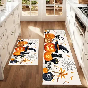 2Pcs Halloween Horror Pumpkin Skull Black Cat Spider Web Floor Mat Set with Wizard Hat Farmhouse Kitchen Carpet Restaurant Floor Laundry Room Decor Carpet Mat Floor Mats Set
