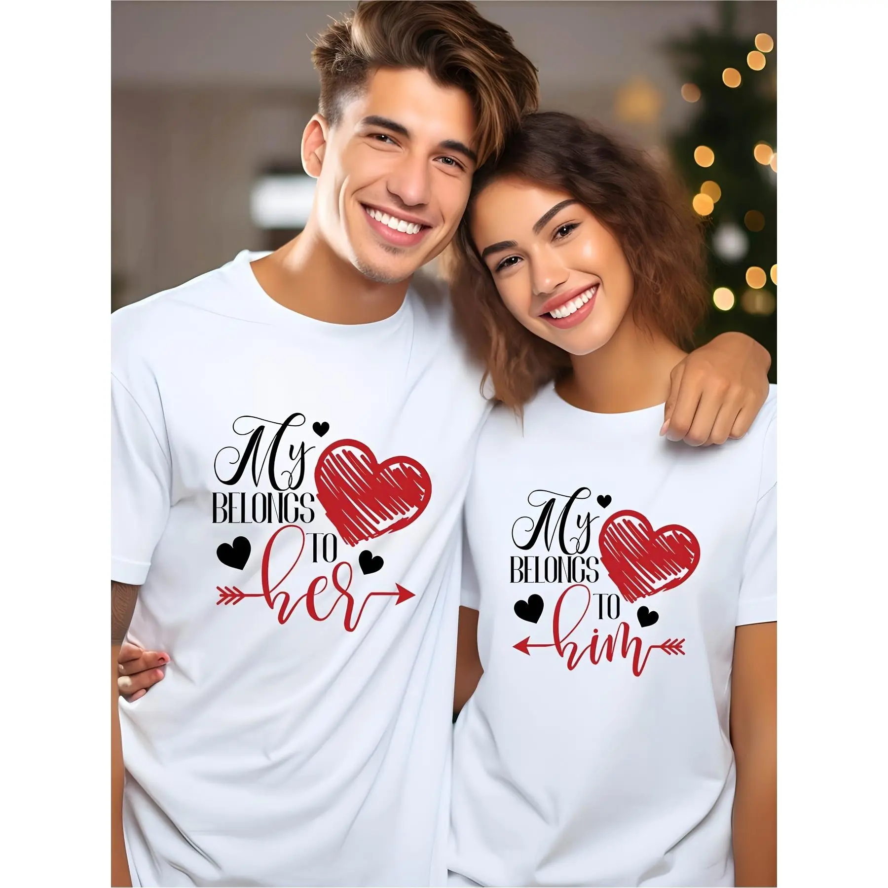 1pc Printed Round Neck Men's and Women's Short Sleeved T Shirt Valentine's Day Couple's Husband and Wife Anniversary Gift My Heart Belongs to Her He Printed Couple's Fashion Casual Exercisefor Valentine's Day Holiday Gift
