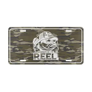 Outdoorsman, Vehicle Front Plate, Bass Fish Camouflage Hat Design, Fade Resistant Aluminum, 12x6 Universal Fit, Military Green Camo Pattern