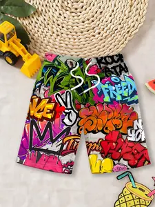 Boys' casual shorts "Colorful Street Graffiti Print Edition", quick-drying beach capri pants, comfortable, breathable and deformation-resistant, suitable for seaside vacations / daily water play / campus sports