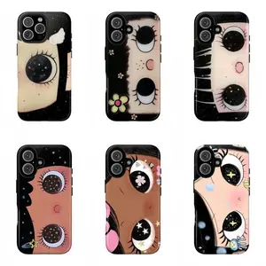 Dreamy Anime Girl Big Eyes Comic Art Glitter Style Heavy Duty Tough Phone Case Shockproof Drop Protection Durable Hard Cover Aesthetic for iPhone 11 12 13 14 15 16 17 Pro Max Plus