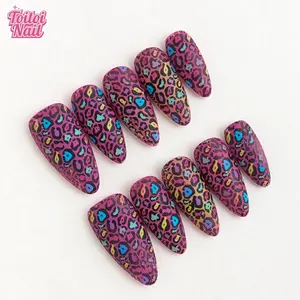 10pcs Handmade Magenta Multicolor Leopard Print Press-On Nails | Medium Almond Shape | Y2K Edgy Leopard Design | Matte Finish | Reusable DIY Nail Kit for Women | Trendy Nails for Daily Wear, Party & Night Out | Bold Statement Look