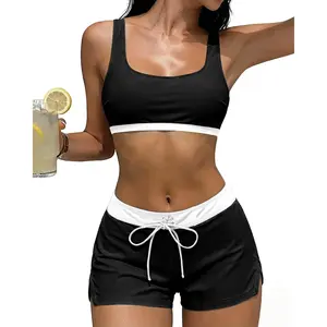 High Waisted Bikini Sets with Shorts Two Piece Swimsuits Full Coverage Bathing Suit Tummy Control Tankini