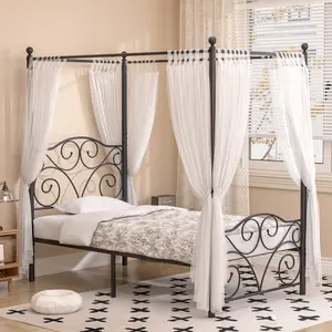 VECELO Twin Canopy Bed Frame, Metal Four Corner Bed Mosquito Net Frame Bracket Underbed Storage Space,Steel Slats Support,No Box Spring Needed Pink Black