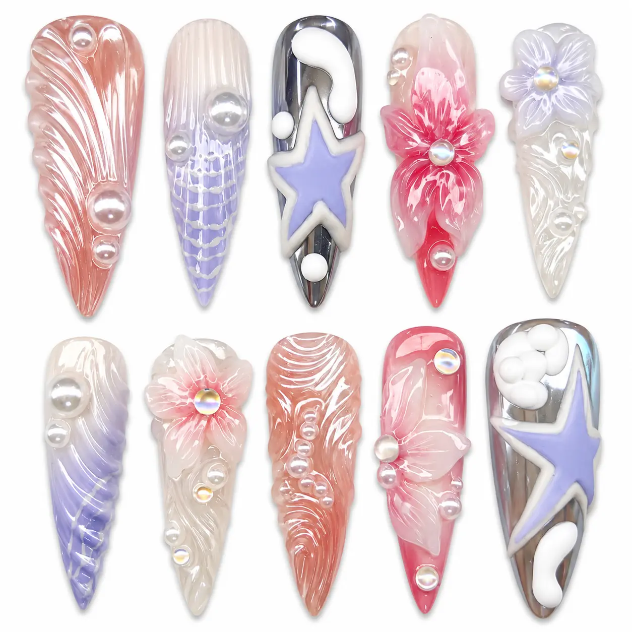 Unlock00 SEASHELL HOUSE - Almond Handmade Press On Nails | Easy To Apply, Long Lasting, High Quality