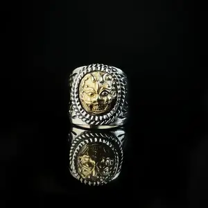 Sterling Silver Brass Lion Head Ring | Sculptural Flame Band Mens Jewelry