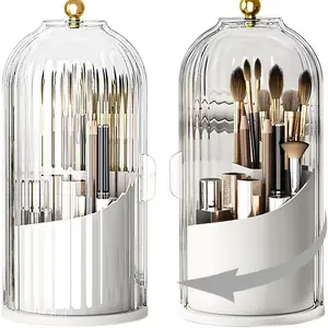 A beauty essential: a makeup organizer box with a drawer, a rotating toothbrush holder with a sliding cover and 3 compartments, a bathroom countertop organizer, no-drill bathroom storage, waterproof, home goods