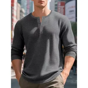 Men’s autumn and winter waffle long-sleeve Henry shirt—skin-friendly and comfortable, simple and versatile; can be worn alone or as a base layer, making it easy to switch between everyday casual wear and outdoor sports.