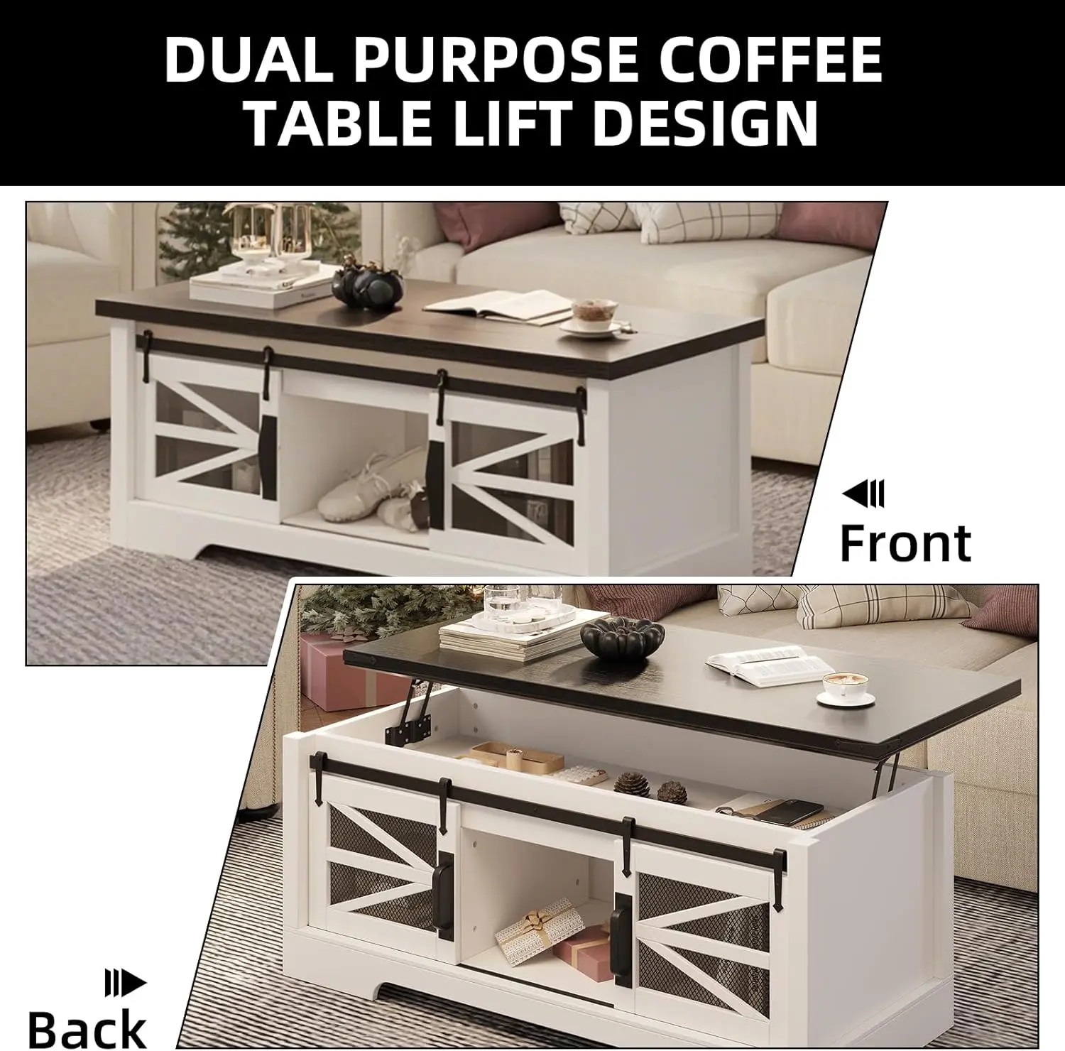 47.2x21.7-Inch Rustic White Lift-Top Coffee Table - Black Desktop Center Table, Multifunctional Convertible, 250 lbs Weight Capacity, Ample Storage, Assembly Required for Indoor Furniture Use, Coffee Tables