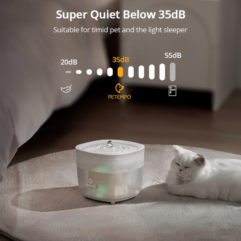PETEMPO Cat Water Fountain, with Wireless Pump and 2 Flow Modes, 2L Capacity for Cats and Dogs