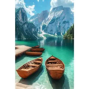 1PCS Diamond Painting Kit Mountain Lake Scenery with Wooden Boats DIY Craft for Home Wall Decor