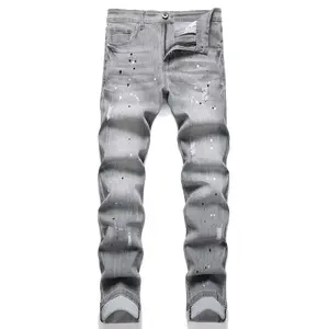 XIMXIMMTIAN Men's Slim Fit Jeans Casual with Elastic Tear Fashion Straight Tube Comfortable Elastic Waist  Versatile Washed Cotton Denim Grey Pants vlone scab jeans