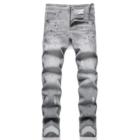 XIMXIMMTIAN Menswear Slim Fit Washed Cotton Denim Pants - Plain, Elastic Waist, Straight Tube, Stretchy, Comfortable, Zippered Pocket, Fade-Resistant, Casual Fashion Street Style Bottoms for Outdoor Use